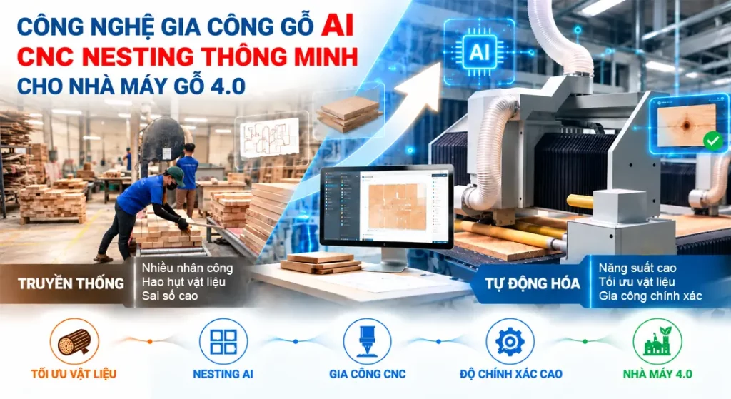 Công nghệ CNC AI Nesting trong ngành gỗ: Giải pháp tối ưu vật liệu và tự động hóa sản xuất Công Nghệ Gia Công Gỗ AI: Giải Pháp CNC Nesting AI Cho Nhà Máy Gỗ Thông Minh