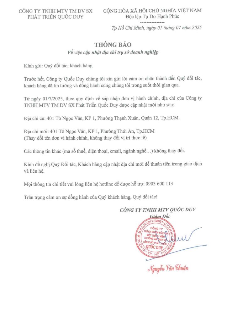 QUỐC DUY THÔNG BÁO THAY ĐỔI ĐỊA CHỈ TRỤ SỞ DOANH NGHIỆP thong bao thay doi dia chi tru so doanh nghiep